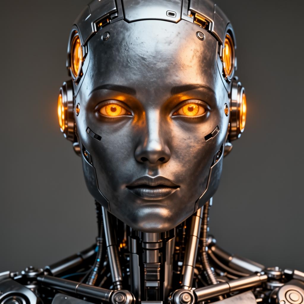 Photorealistic humanoid AI robot portrait with glowing amber eyes