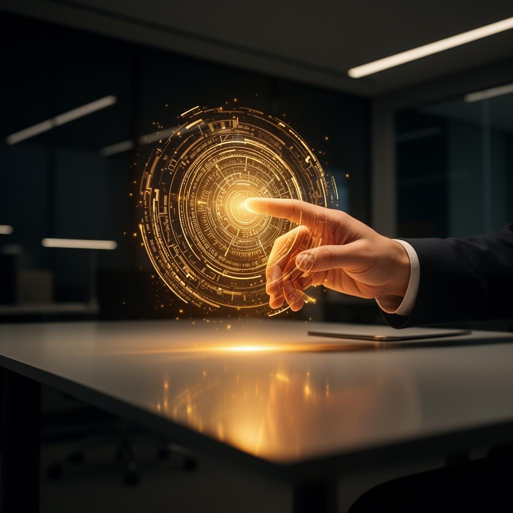 Real hand interacting with a holographic AI interface