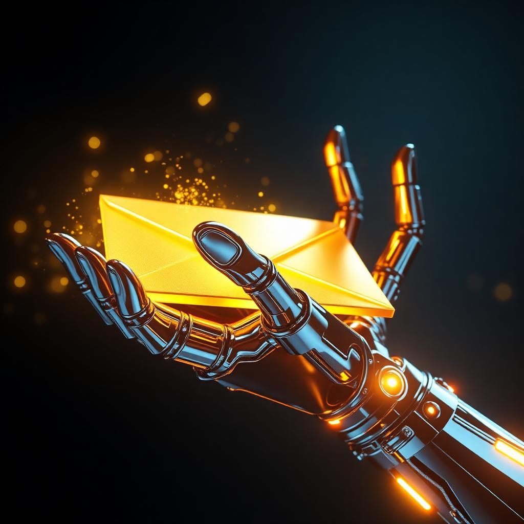 3D robotic hand holding a glowing golden envelope
