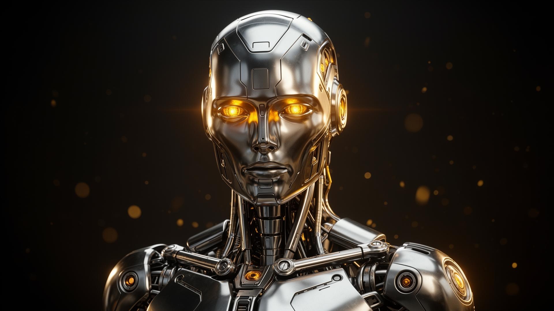 Photorealistic 3D render of a chrome humanoid AI robot with glowing amber eyes